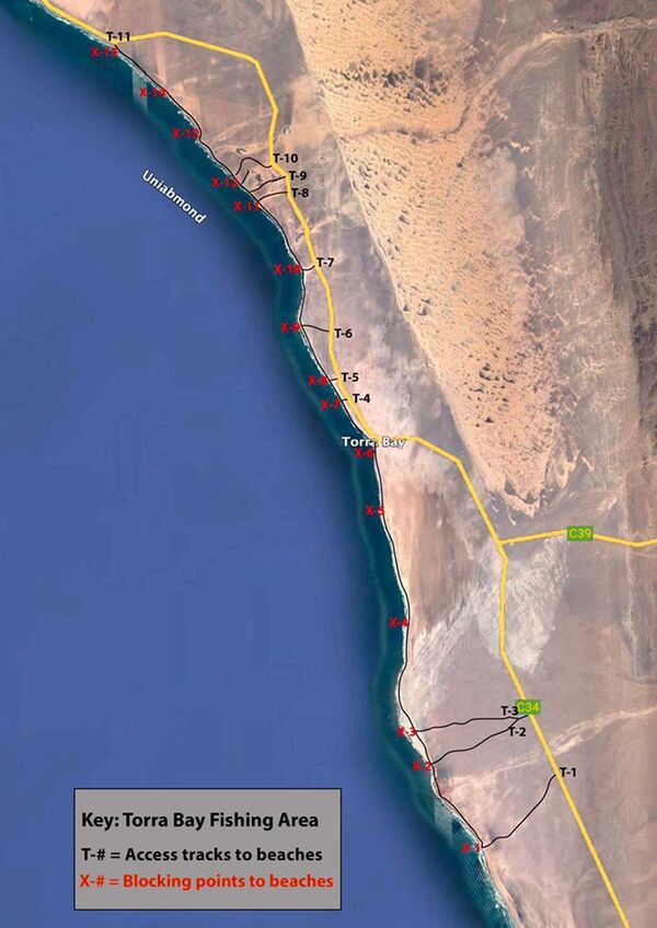 Map showing the Torra Bay fishing area, the access road and the potential blocking points to temporarily close off a section of the beach.