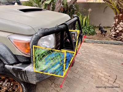 Sketch of basket to carry biological samples on front bumper & final product