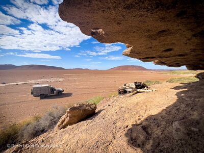 shortly before the lioness gave birth, she killed a large gemsbok on large open gravel plain. She dragged then gemsbok carcass for almost one kilometre and lodged it under an overhang of a cave.